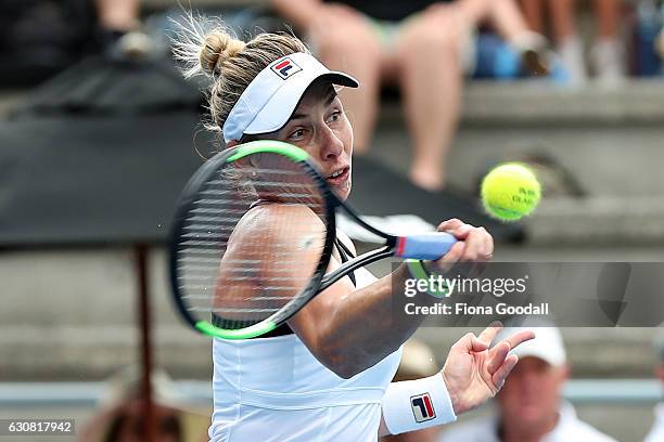 Marina Erakovic of New Zealand plays a forehand shot in her match against Jelena Ostapenko of Latvia on day two of the ASB Classic on January 3, 2017...