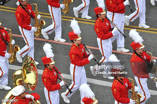 Pasadena City College Tournament of Roses Honor Band & Herald Trumpets appears in the 128th Tournament Of Roses Parade on January 2, 2017 in...