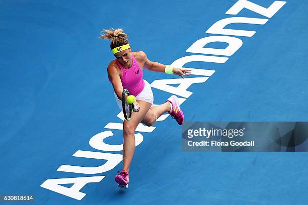 Nicole Gibbs of USA plays a forehand shot in her match against Caroline Wozniacki of Denmark on day two of the ASB Classic on January 3, 2017 in...