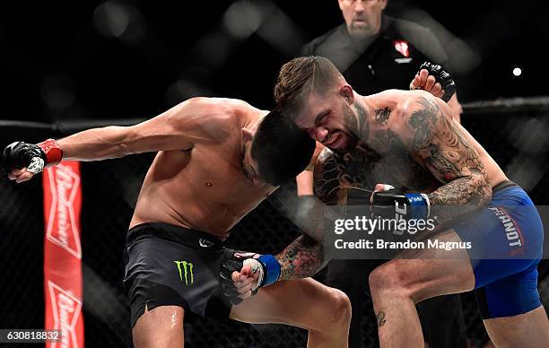 Dominick Cruz accidentally headbutts Cody Garbrandt in their UFC bantamweight championship bout during the UFC 207 event at T-Mobile Arena on...