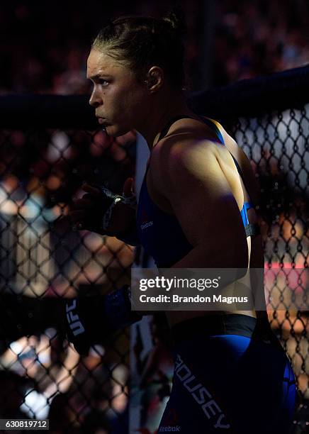 Ronda Rousey enters the Octagon to face Amanda Nunes in their UFC bantamweight championship bout during the UFC 207 event at T-Mobile Arena on...