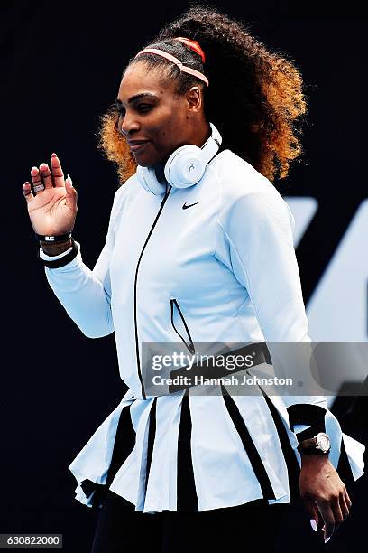 Serena Williams of USA walks on to centre court ahead of her match against Pauline Parmentier of France on day two of the ASB Classic on January 3,...