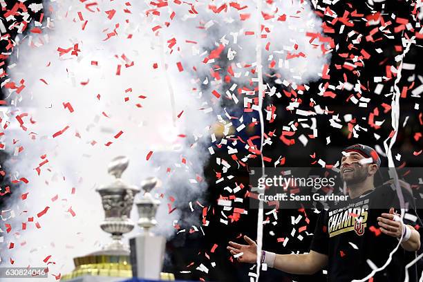 Baker Mayfield of the Oklahoma Sooners celebrates after defeating the Auburn Tigers 35-19 during the Allstate Sugar Bowl at the Mercedes-Benz...