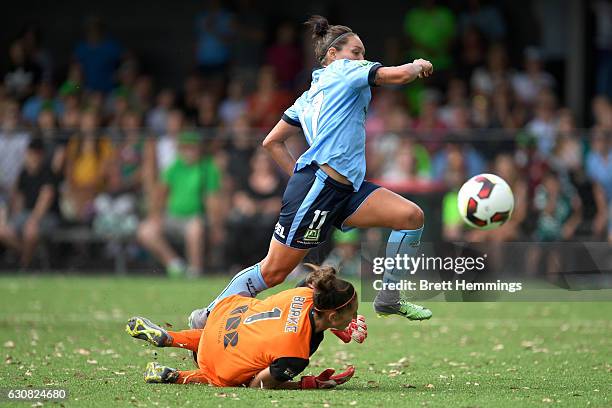 Kyah Simon of Sydney scores a goal during the round 10 W-League match between Sydney and Canberra at Lambert Park on January 3, 2017 in Sydney,...