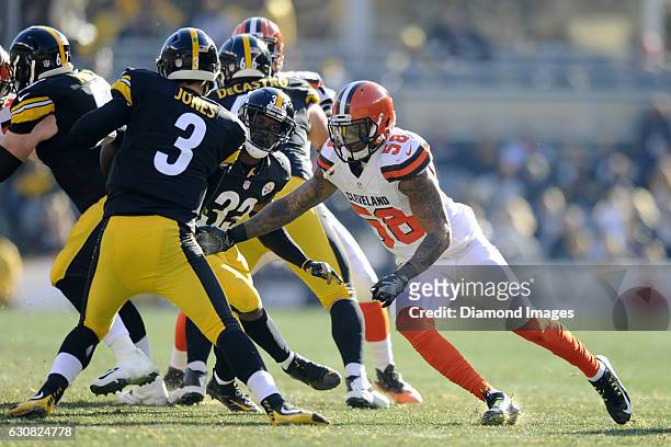 Linebacker Christian Kirksey of the Cleveland Browns sacks quarterback Landry Jones of the Pittsburgh Steelers during a game on January 1, 2017 at...
