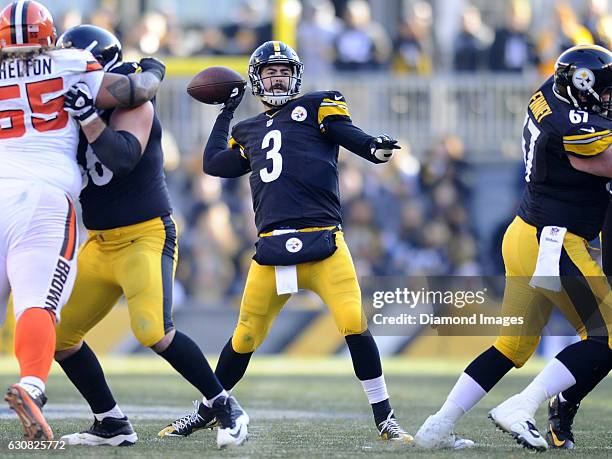 Quarterback Landry Jones of the Pittsburgh Steelers throws a pass during a game against the Cleveland Browns on January 1, 2017 at Heinz Field in...