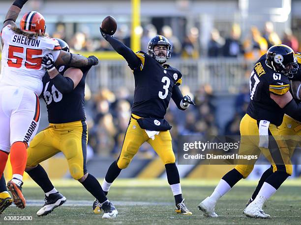 Quarterback Landry Jones of the Pittsburgh Steelers throws a pass during a game against the Cleveland Browns on January 1, 2017 at Heinz Field in...