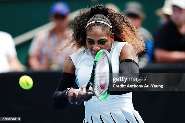 Serena Williams of USA plays a backhand in her match against Pauline Parmentier of France on day two of the ASB Classic on January 3, 2017 in...