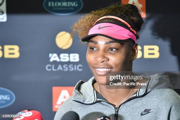 Tennis Superstar Serena Williams speaks to the media after wining her first round singles match against France's Pauline Pamentie at WTA ASB Classic...