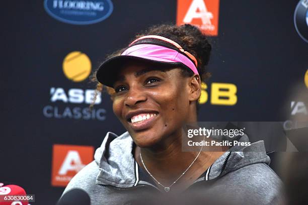 Tennis Superstar Serena Williams speaks to the media after wining her first round singles match against France's Pauline Pamentie at WTA ASB Classic...