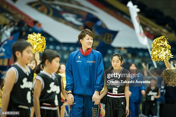 Takuya Kawamura of the Yokohama B-Corsairs enters the court prior to the B. League game between Yokohama B-Corsairs and Kyoto Hannaryz at Yokohama...