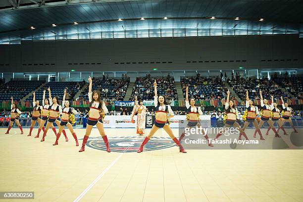 Cheerleaders of the Yokohama B-Corsairs perform prior to the B. League game between Yokohama B-Corsairs and Kyoto Hannaryz at Yokohama International...