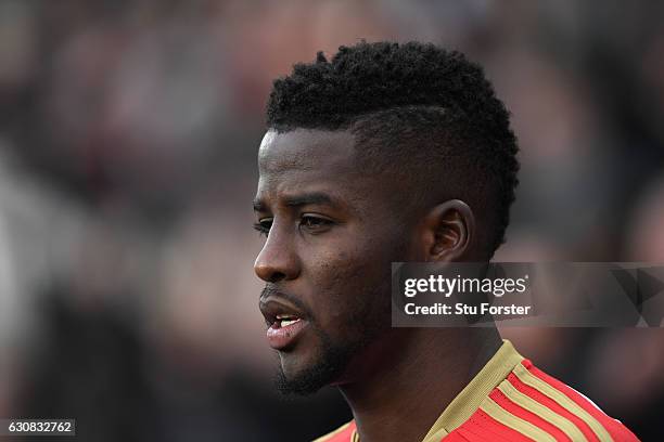 Sunderland player Papy Djilobodji looks on during the Premier League match between Sunderland and Liverpool at Stadium of Light on January 2, 2017 in...