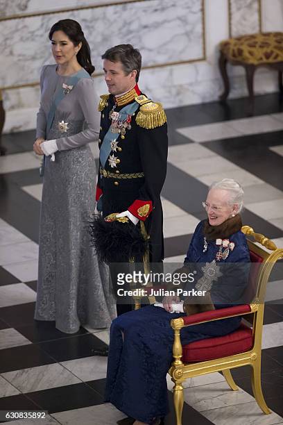 Queen Margrethe of Denmark, Crown Princess Mary of Denmark and Crown Prince Frederik of Denmark attend a New Year's Levee held by Queen Margrethe of...