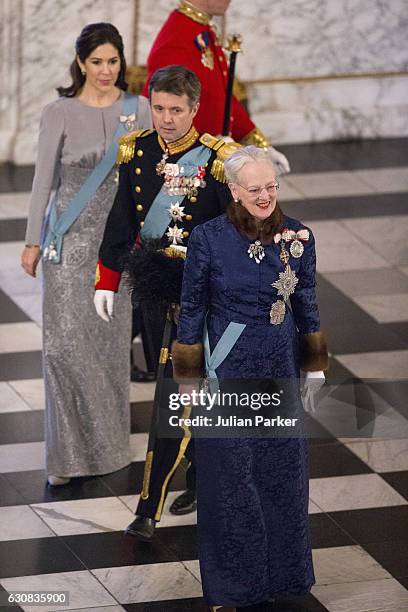 Queen Margrethe of Denmark, Crown Princess Mary of Denmark and Crown Prince Frederik of Denmark attend a New Year's Levee held by Queen Margrethe of...