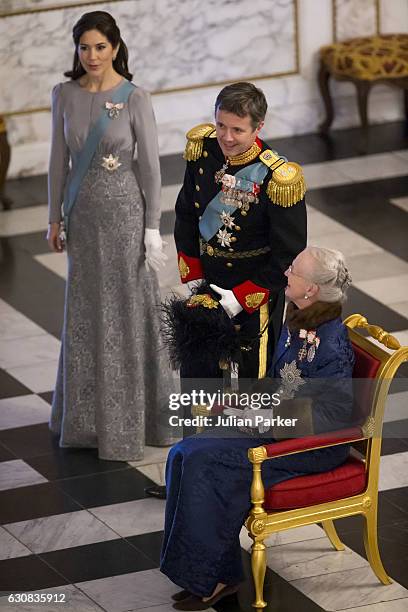 Queen Margrethe of Denmark, Crown Princess Mary of Denmark and Crown Prince Frederik of Denmark attend a New Year's Levee held by Queen Margrethe of...