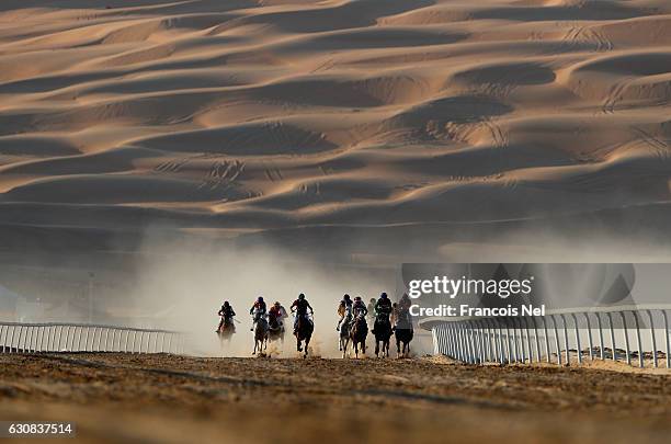 Horses and jockeys in action during the Liwa Sports Festival at Moreeb Dune on January 3, 2017 in Abu Dhabi, United Arab Emirates.