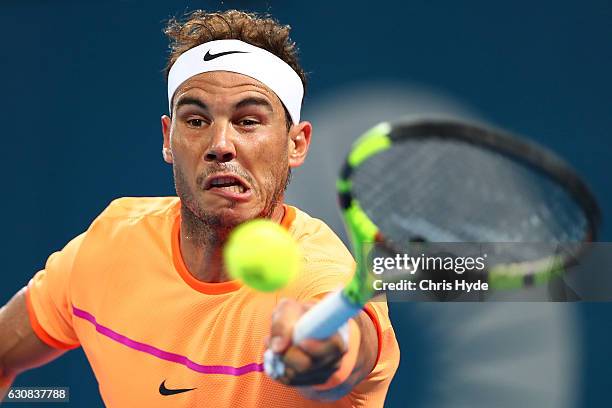 Rafael Nadal of Spain plays a forehand in his match against Alexandr Dolgopolov of Ukraine on day three of the 2017 Brisbane International at Pat...