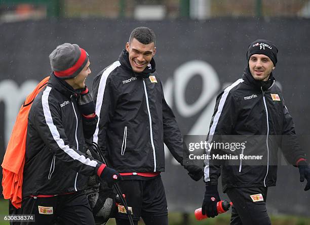 Eroll Zejnullahu, Collin Quaner and Adrian Nikici of 1 FC Union Berlin during the first training in 2017 of 1st FC Union Berlin on January 3, 2017 in...