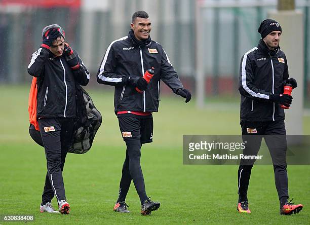 Eroll Zejnullahu, Collin Quaner and Adrian Nikici of 1 FC Union Berlin during the first training in 2017 of 1st FC Union Berlin on January 3, 2017 in...