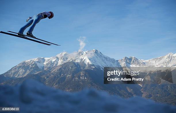 Stephan Leyhe of Germany soars through the air during his qualification jump on Day 1 of the 65th Four Hills Tournament ski jumping event on January...