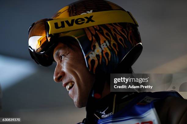 Noriaki Kasai of Japan looks on before his qualification jump on Day 1 of the 65th Four Hills Tournament ski jumping event on January 3, 2017 in...