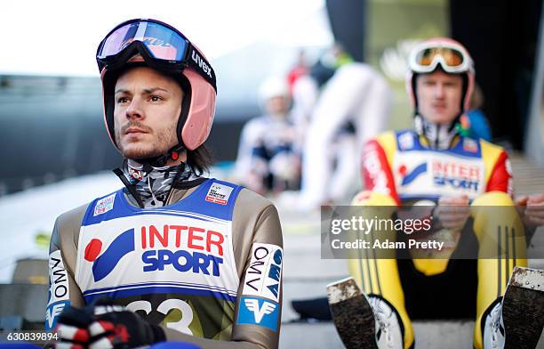 Manuel Fettner of Austria prepare for his qualification jump on Day 1 of the 65th Four Hills Tournament ski jumping event on January 3, 2017 in...