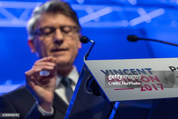 Socialist Party's candidate for the left-wing primaries ahead of France's 2017 presidential election, Vincent Peillon gestures as he speaks during...