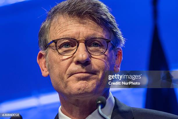 Socialist Party's candidate for the left-wing primaries ahead of France's 2017 presidential election, Vincent Peillon gestures as he speaks during...