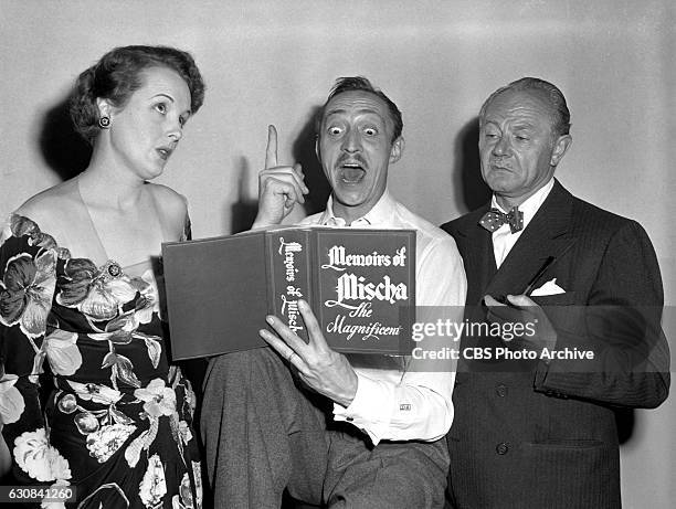 Radios The Roma Wines Show featuring from left, Mary Astor, featuring Mischa Auer and Charlie Ruggles, Hollywood, CA. Image dated July 1, 1943.