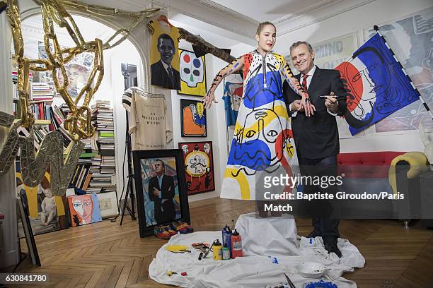Fashion designer Jean-Charles de Castelbajac is photographed with actor Marilou Berry for Paris Match on December 9, 2016 in Paris, France.