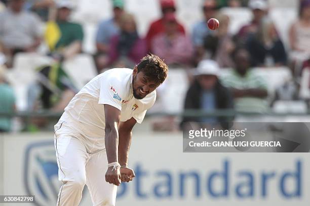 Sri Lanka bowler Suranga Lakmal bowls on South African batsman Stephen Cook during the second Test between South Africa and Sri Lanka on January 3,...