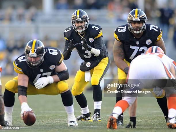 Quarterback Landry Jones of the Pittsburgh Steelers calls for the snap during a game against the Cleveland Browns on January 1, 2017 at Heinz Field...