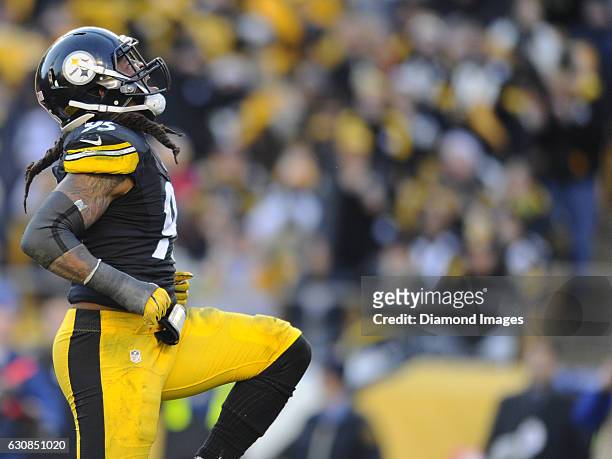 Linebacker Jarvis Jones of the Pittsburgh Steelers celebrates a sack during a game against the Cleveland Browns on January 1, 2017 at Heinz Field in...
