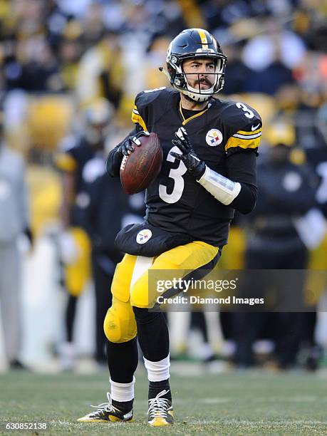 Quarterback Landry Jones of the Pittsburgh Steelers drops back to pass during a game against the Cleveland Browns on January 1, 2017 at Heinz Field...