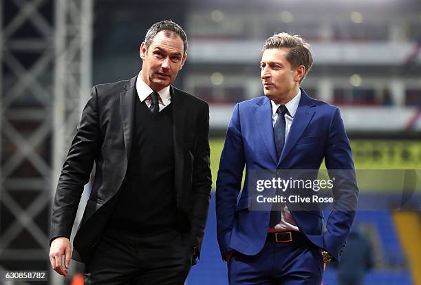 Swansea City new manager Paul Clement and Crystal Palace Chairman Steve Parish are seen prior to the Premier League match between Crystal Palace and...