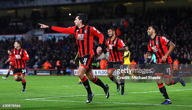 Charlie Daniels of AFC Bournemouth celebrates scoring the opening goal during the Premier League match between AFC Bournemouth and Arsenal at...