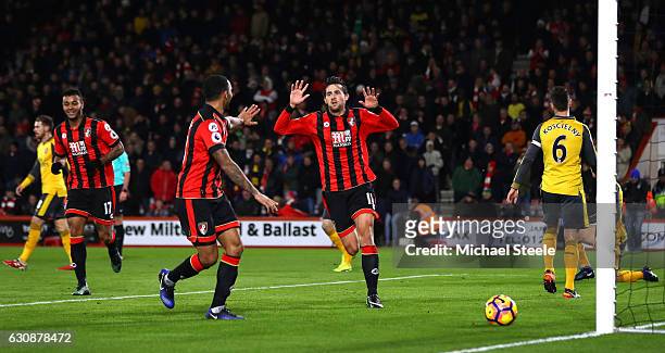 Charlie Daniels of AFC Bournemouth celebrates scoring the opening goal during the Premier League match between AFC Bournemouth and Arsenal at...