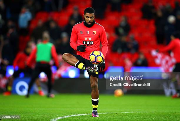 Jerome Sinclair of Watford warms up prior to the Premier League match between Stoke City and Watford at Bet365 Stadium on January 3, 2017 in Stoke on...