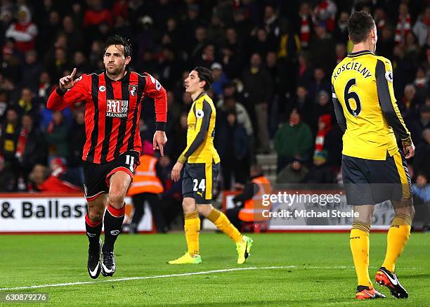 Charlie Daniels of AFC Bournemouth celebrates scoring the opening goal during the Premier League match between AFC Bournemouth and Arsenal at...