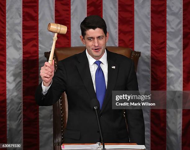 Newly re-elected House Speaker Paul Ryan , holds the Speakers gavel during a session in the House Chamber, January 3, 2017 in Washington, DC. Today...