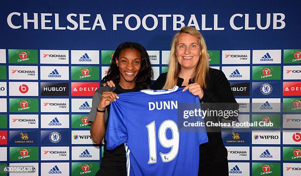 Crystal Dunn of the USA poses with her new manager Emma Hayes after signing for Chelsea at Stamford Bridge on January 3, 2017 in London, England.