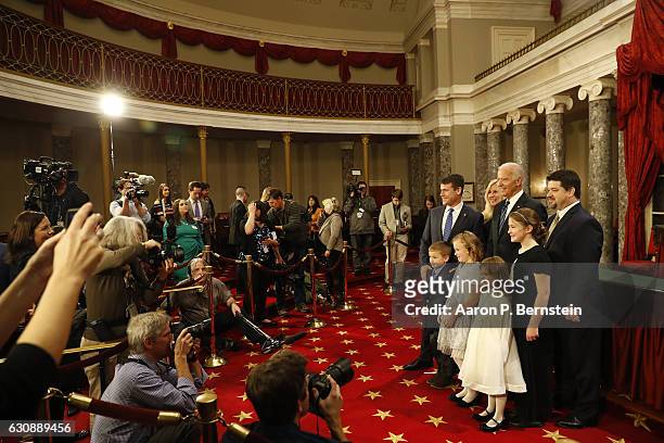 Sen. Todd Young participates in a reenacted swearing-in with U.S. Vice President Joe Biden in the Old Senate Chamber at the U.S. Capitol January 3,...