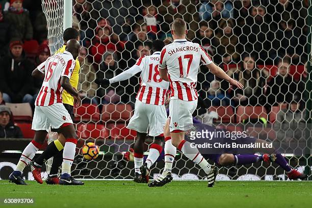 Ryan Shawcross of Stoke City scores the opening goal during the Premier League match between Stoke City and Watford at the Bet365 Stadium on January...