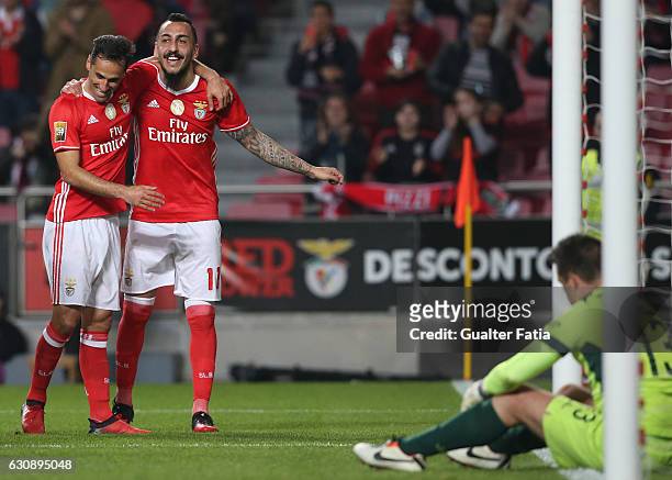 Benfica's forward from Greece Kostas Mitroglou celebrates with teammate SL Benfica's forward from Brazil Jonas after scoring a goal during the...