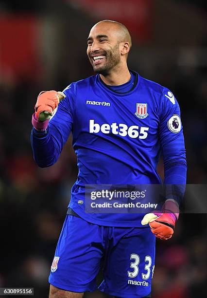 Lee Grant of Stoke City celeberates his side's first goal during the Premier League match between Stoke City and Watford at Bet365 Stadium on January...