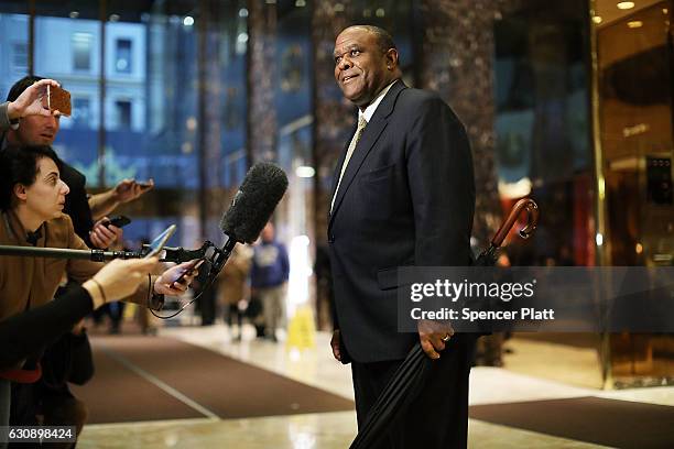 Lockheed Martin executive Leo Mackay speaks to the media following a meeting with President-Elect Donald Trump at Trump Tower on January 3, 2017 in...