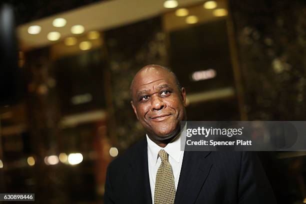 Lockheed Martin executive Leo Mackay speaks to the media following a meeting with President-Elect Donald Trump at Trump Tower on January 3, 2017 in...