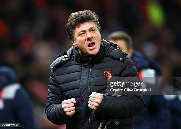 Walter Mazzarri, Manager of Watford reacts during the Premier League match between Stoke City and Watford at Bet365 Stadium on January 3, 2017 in...