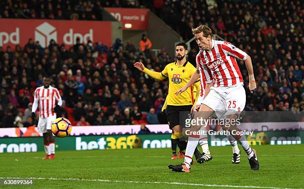 Peter Crouch of Stoke City scores his side's second goal during the Premier League match between Stoke City and Watford at Bet365 Stadium on January...